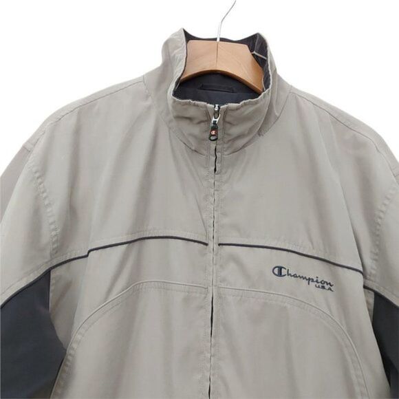 Champion USA Mens Active Jacket Size Medium Full Zip Mock Neck Long Sleeve Beige - Picture 2 of 11